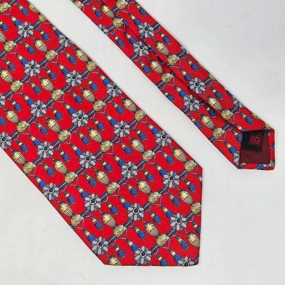 LAURA BIAGIOTTI ITALY SILK TIE RED BLUE GOLD TASSEL PATTERN SMOOTH 4" X 57"